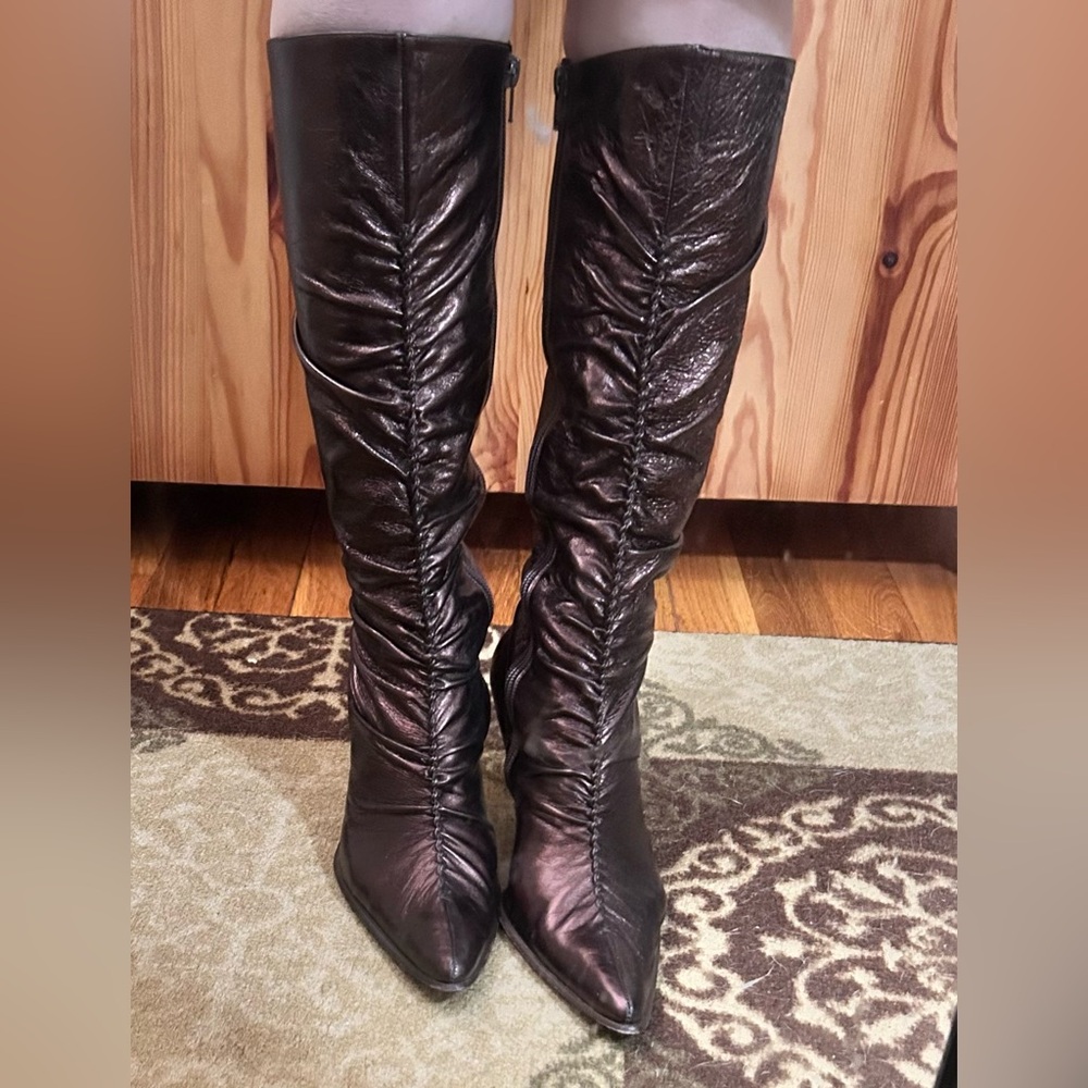 Vintage Debut Bronze Brown Metallic Italian Braided Knee High Pointed Toe Boots